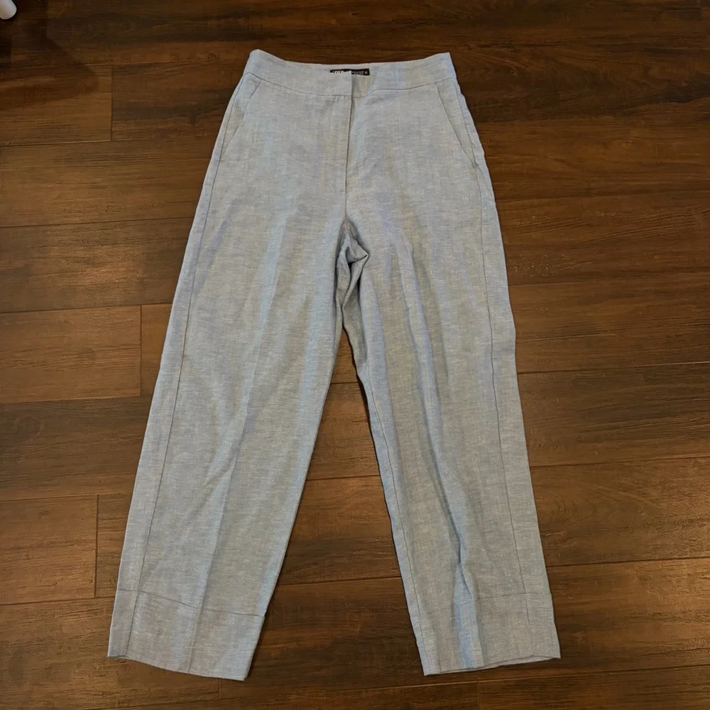 Zara Light Blue Linen Blend Straight Leg Trousers Medium